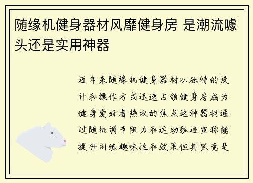 随缘机健身器材风靡健身房 是潮流噱头还是实用神器